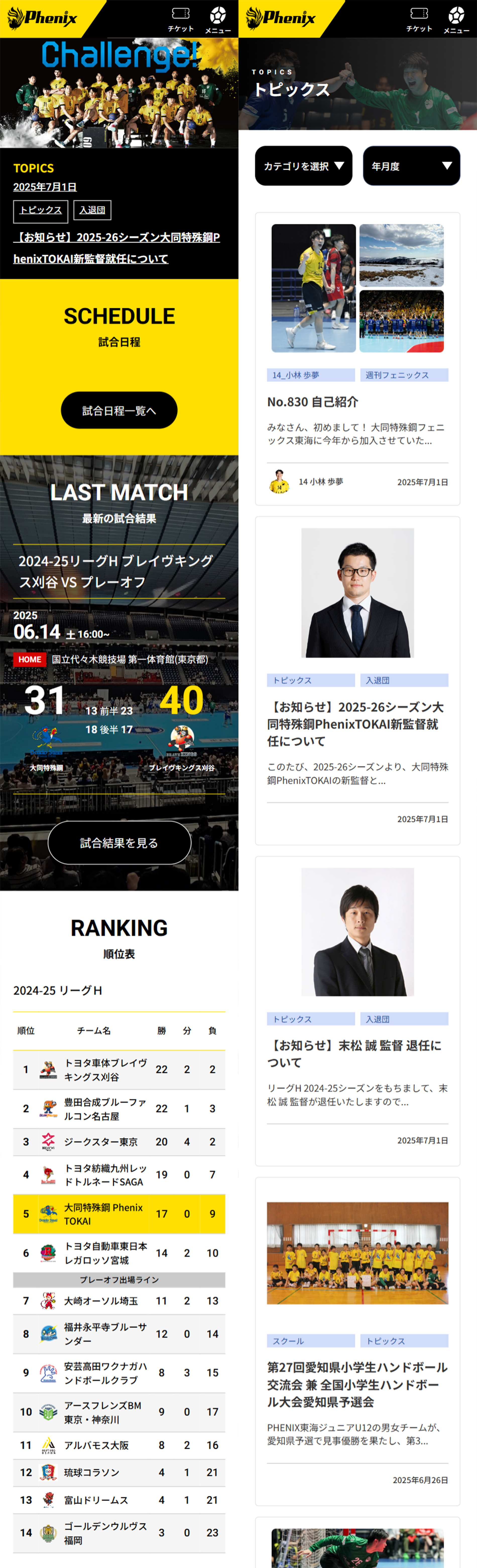 大同特殊鋼ハンドボール部 Phenix 様のSPトップページ画像